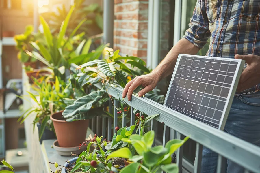 Close-up-of-hands-installing-a-small-solar-panel-on-a-home-balcony