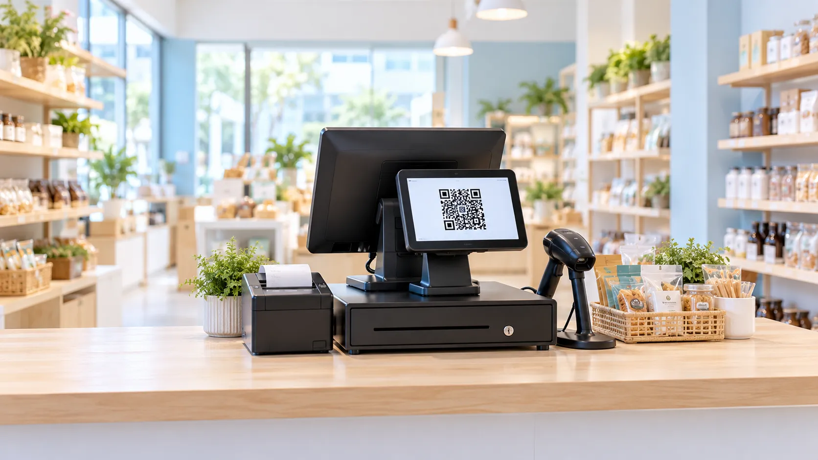 เคาน์เตอร์ POS พร้อม QR ในร้านค้าทันสมัย
