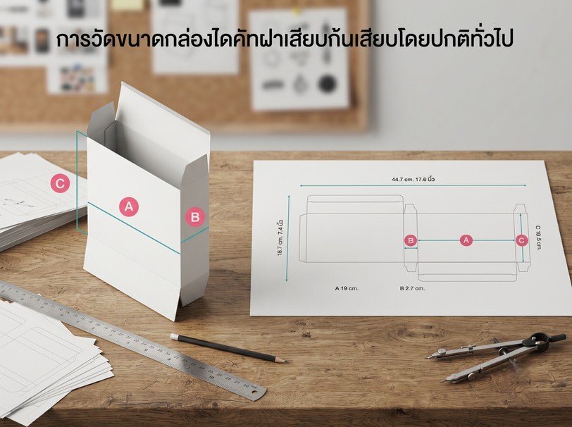 การวัดขนาดกล่องไดคัทฝาเสียบก้นเสียบโดยทั่วไป