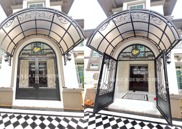 ประตูบ้านเหล็กตกแต่งพร้อมกันสาด-Italian-Steel-Gate-Canopy-Design
