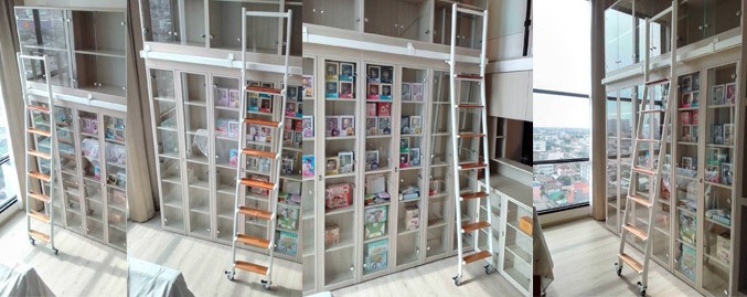 บันไดรางเลื่อนเหล็กขั้นเป็นไม้สำหรับชั้นวางหนังสือคอนโดออริจิ้นสิรินธร