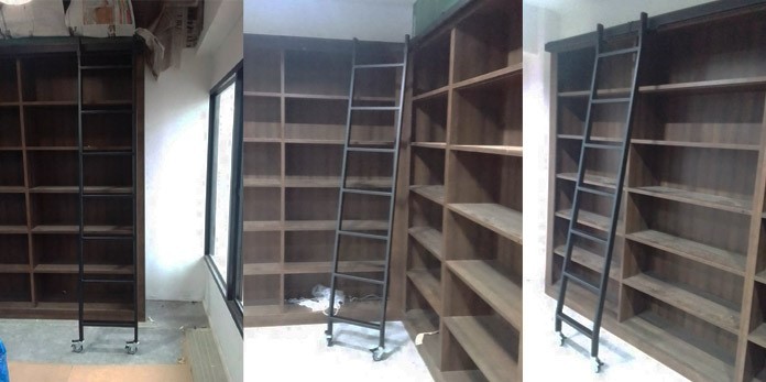 บันไดรางเลื่อนเหล็กสำหรับหยิบของห้องสมุดชั้นวางหนังสือบริษัทซิงเทคจำกัด