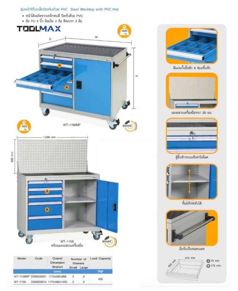 ตู้เก็บเครื่องมือช่างเคลื่อนที่5ลิ้นชักตู้บานเปิด2ชั้นToolmax