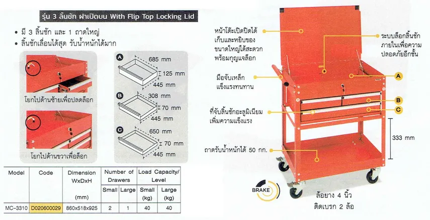 ตู้เครื่องมือช่าง3ลิ้นชักฝาเปิดบนMC-3310