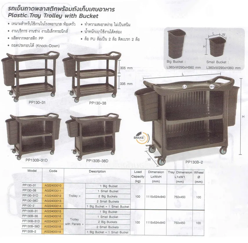 รถเข็นถาดพลาสติกพร้อมถังเก็บเศษอาหาร