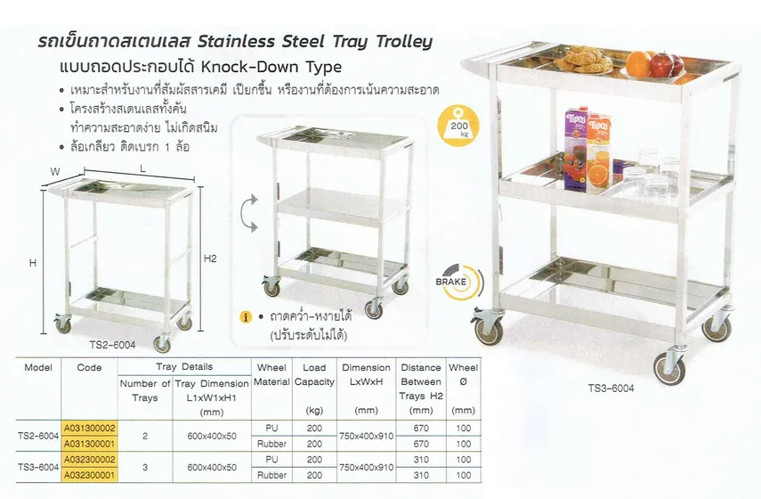 รถเข็นถาดสแตนเลสแบบถอดประกอบได้